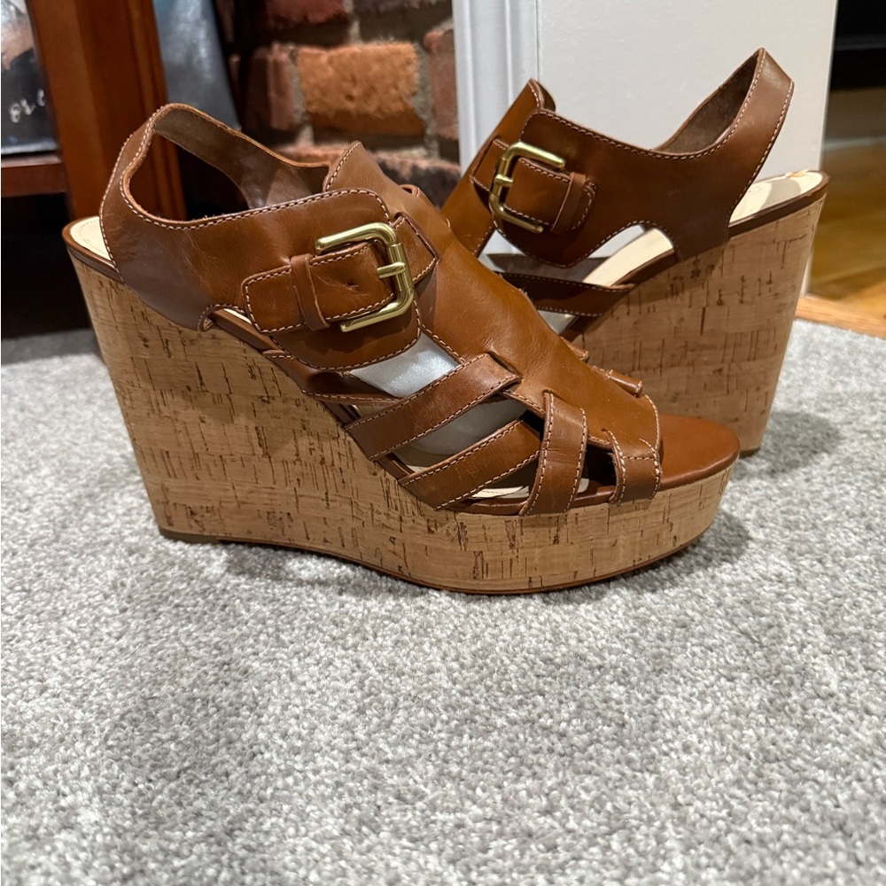 Coach Brown Cork Wedge Sandals with Gold Buckles